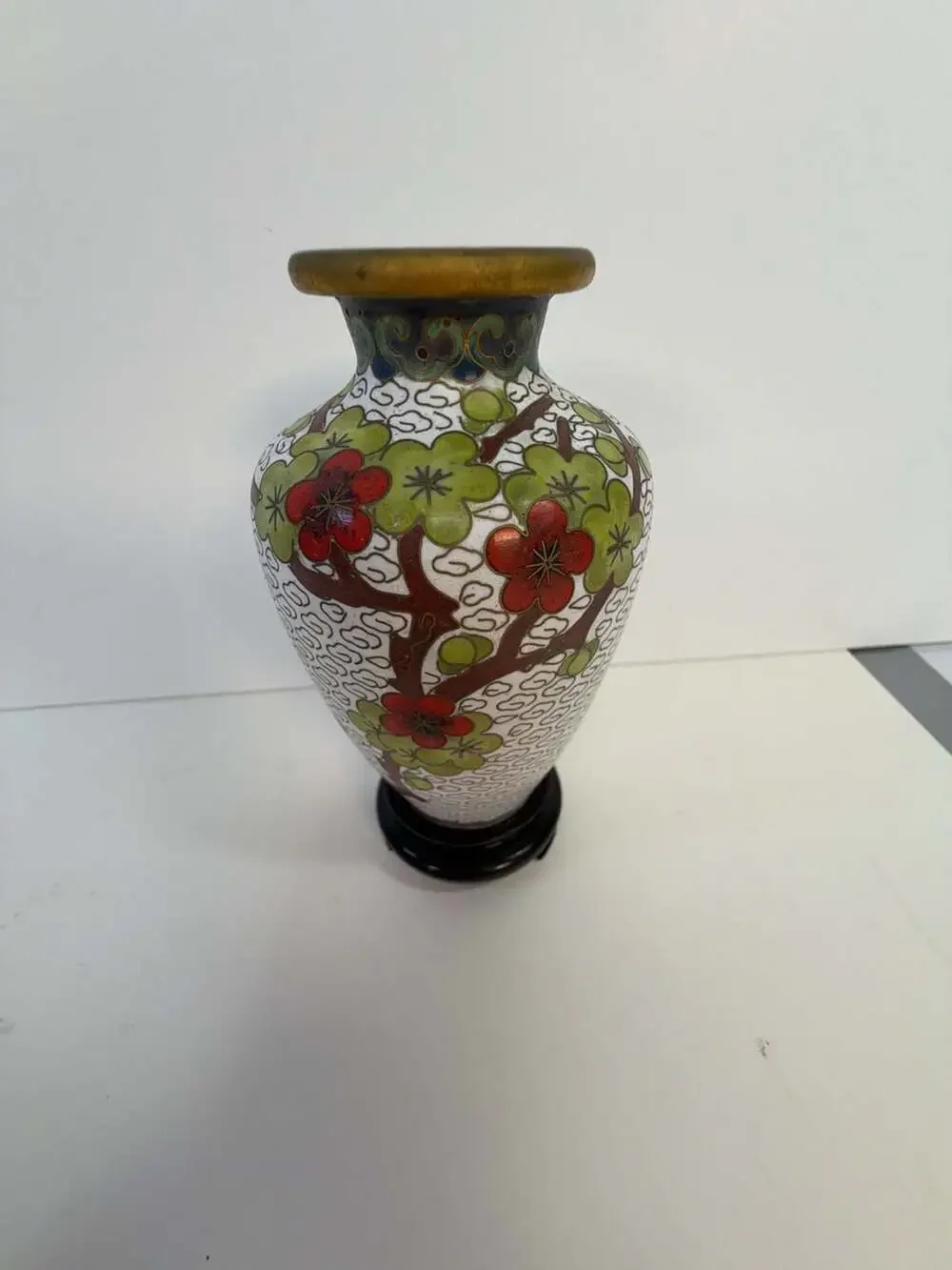 Vintage‎ Chinese Cloisonné Enamel Floral Vase with Wooden Stand